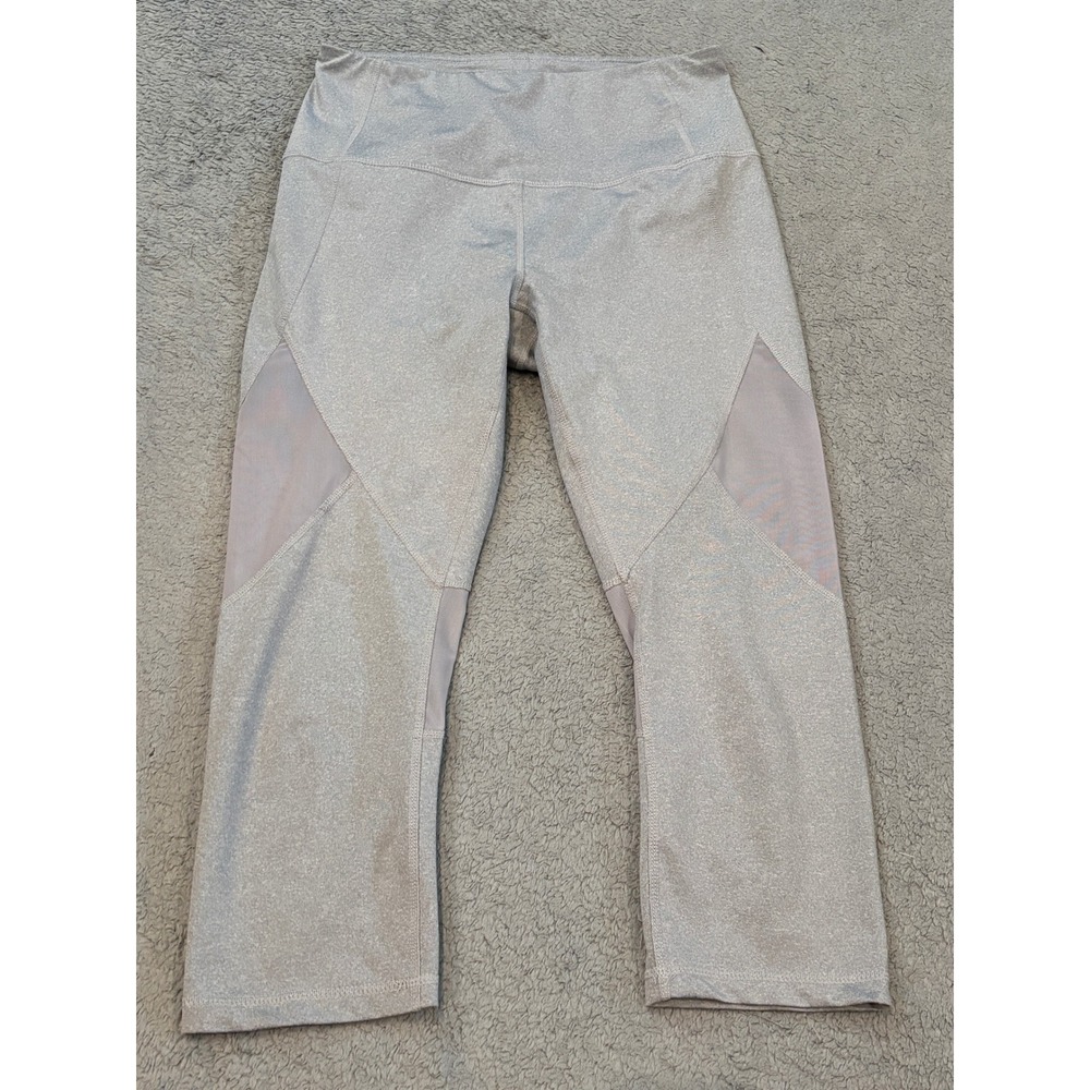 Reebok Womens Metallic Silver Mesh Panel Capri Leggings Medium High Rise Active